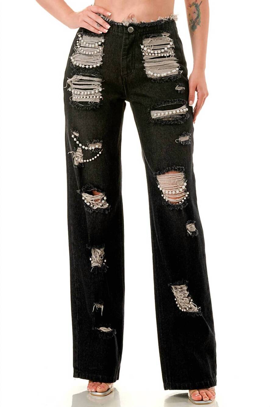 NEW SALT ripped jeans with pearls embellished in black